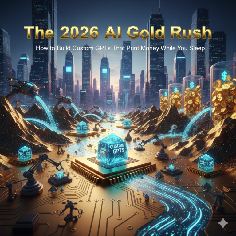 futuristic 3D cinematic landscape representing the 2026 AI Gold Rush, featuring Custom GPTs and digital money automation in a high-tech city.