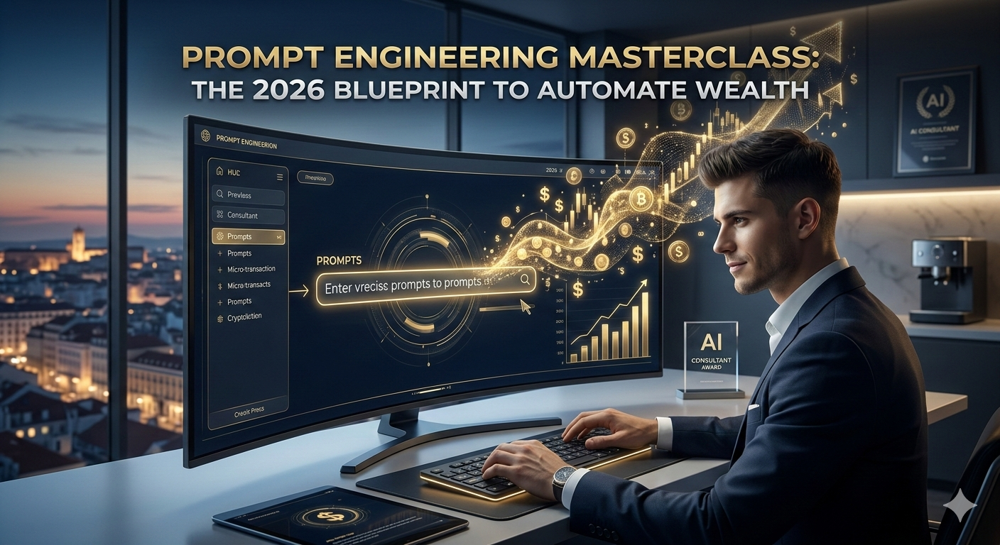 A professional AI expert using Prompt Engineering for Profit strategies to generate 2026 digital wealth on a high-tech dashboard.