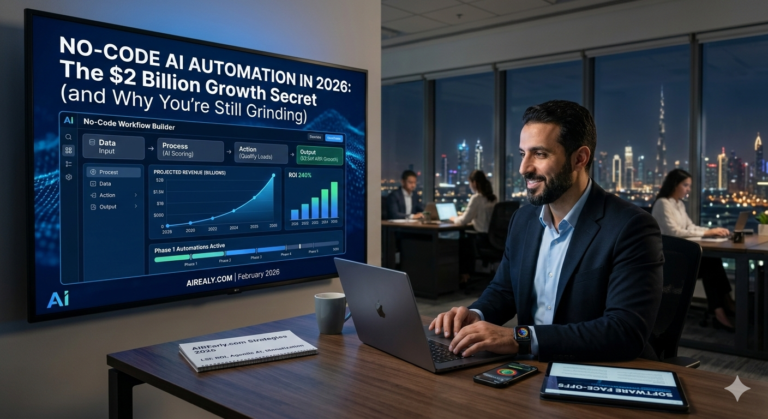 Alt Text: Professional male entrepreneur using a No-Code AI Automation dashboard in 2026 to scale business revenue, featuring Airealy.com branding.
