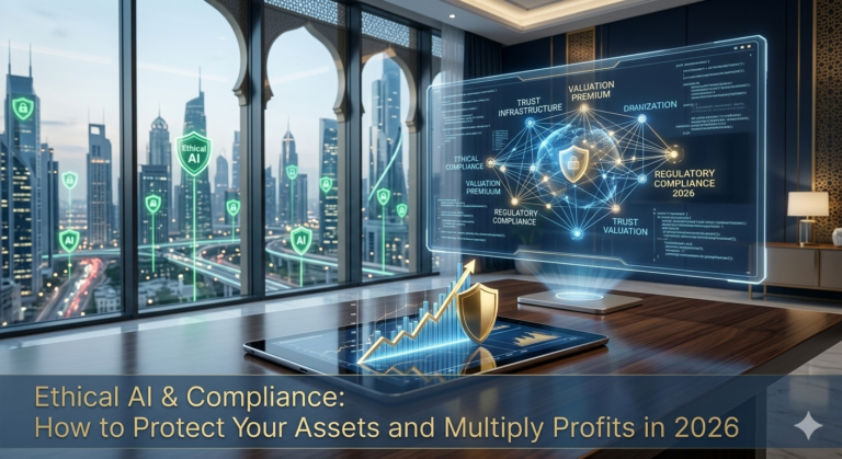A luxury executive office with a futuristic digital interface showing Ethical AI compliance charts, financial growth graphs, and global wealth protection data for 2026.