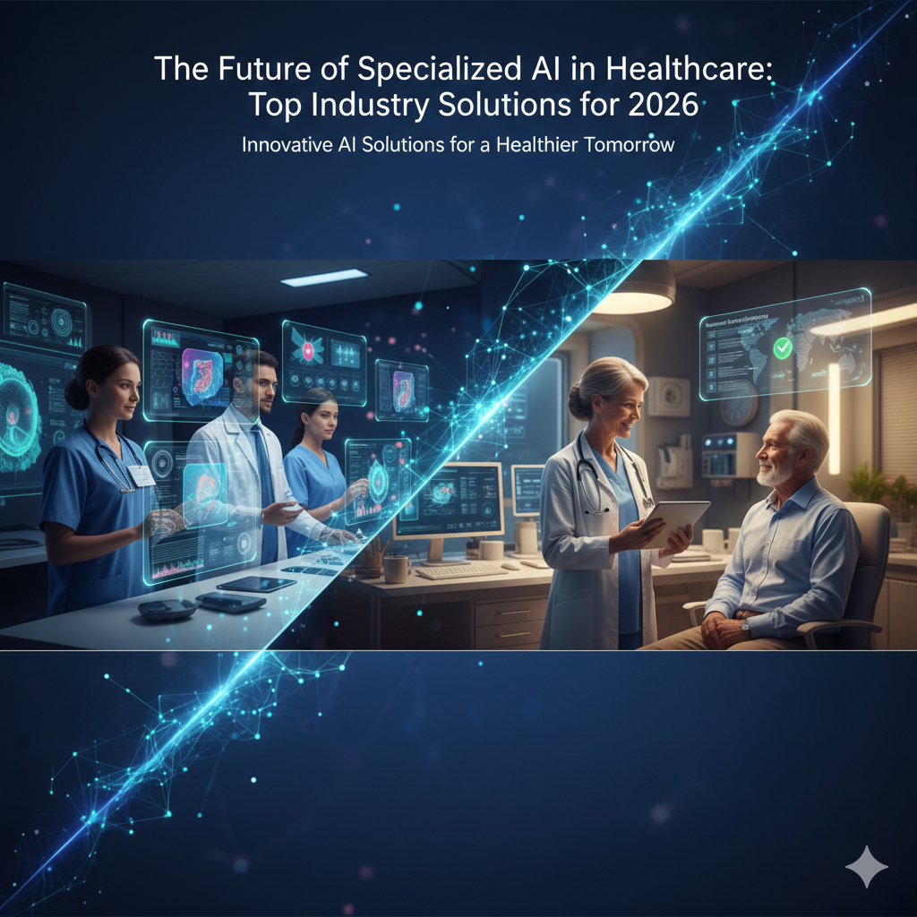 Advanced specialized AI solutions in healthcare hospital setting 2026 showing doctors using digital medical interfaces
