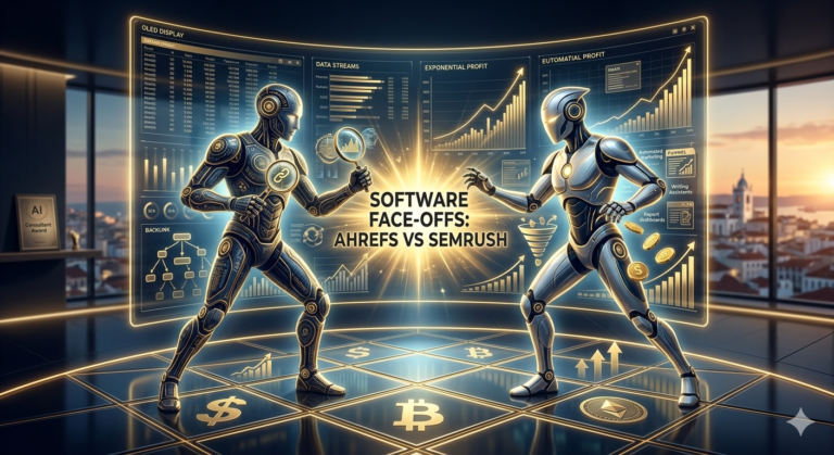 A high-end cinematic Software Face-offs composition: Ahrefs deep-data robot vs Semrush automated profit-engine robot, competing for maximum SaaS ROI in 2026.