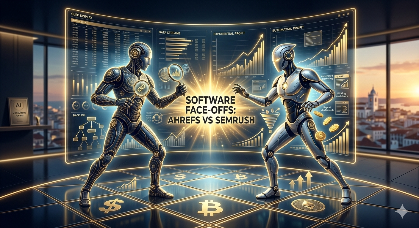 A high-end cinematic Software Face-offs composition: Ahrefs deep-data robot vs Semrush automated profit-engine robot, competing for maximum SaaS ROI in 2026.